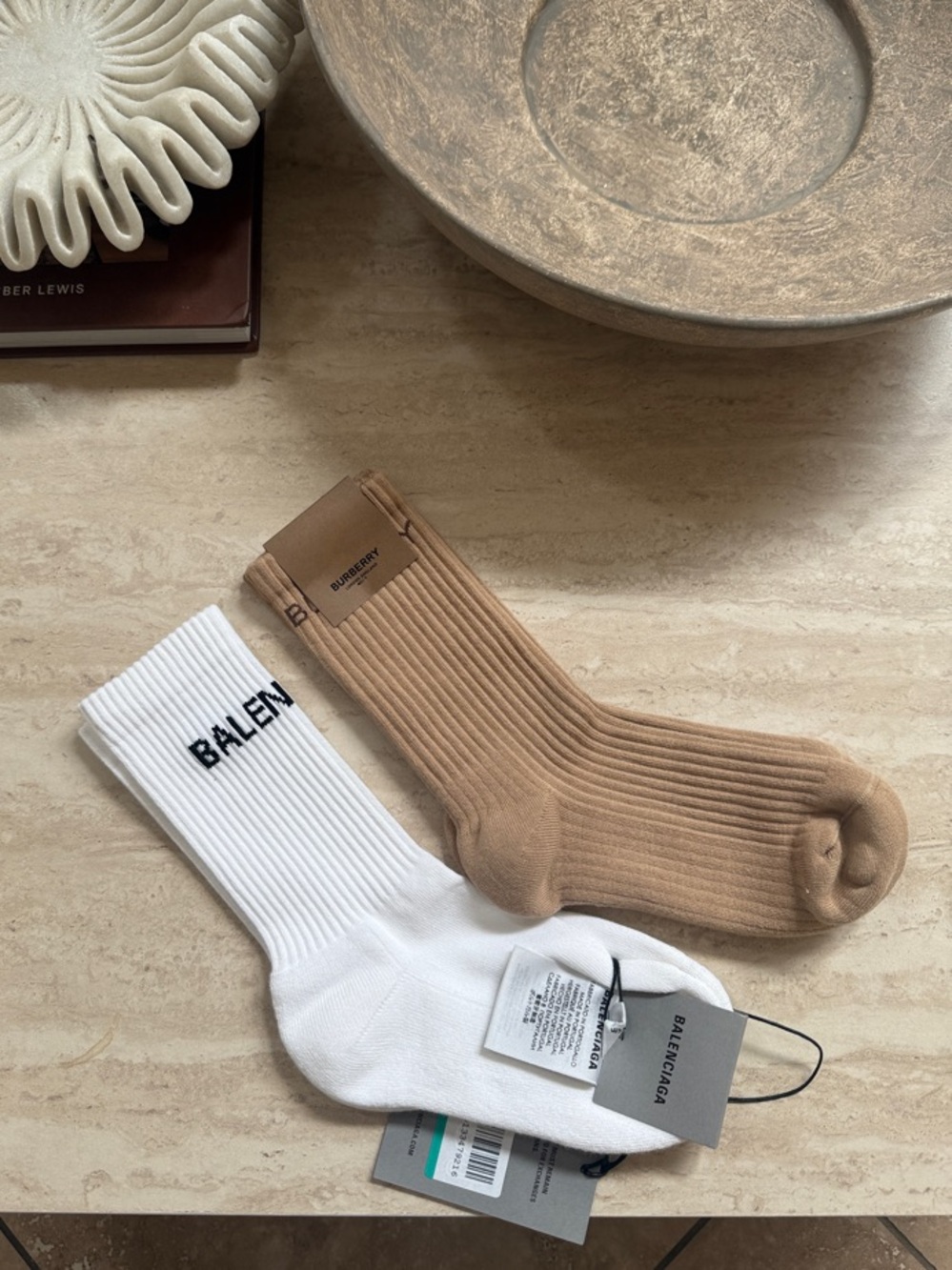 NWT 2pk Balenciaga AND Burberry Ribbed Crew Socks in White & Beige - Authentic!!